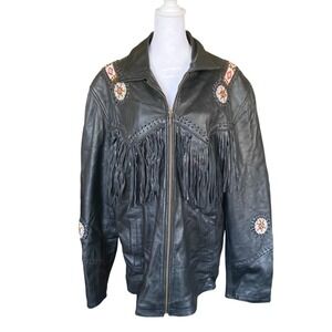 Vintage 1970s Beaded Fringe Black Leather Jacket XL Western Biker Cowgirl‎ Moto